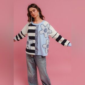 BiBi Blue and Black Striped Floral Top